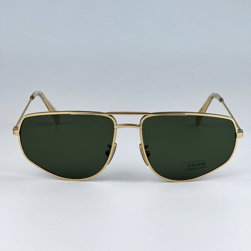 NEW Celine CL40083U 30N Shiny Gold Green Mineral Pilot Unisex Sunglasses